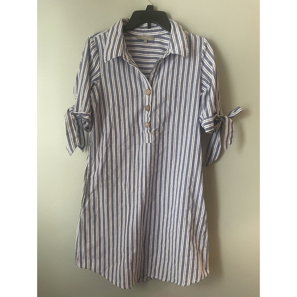 J Gee Shift Dress Women's Sz S  Boho Collard Half Sleeve Bow striped blue white